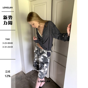 T恤上衣女 条纹系扣大V领慵懒风防晒休闲长袖 LONSLAN 2024早秋新款