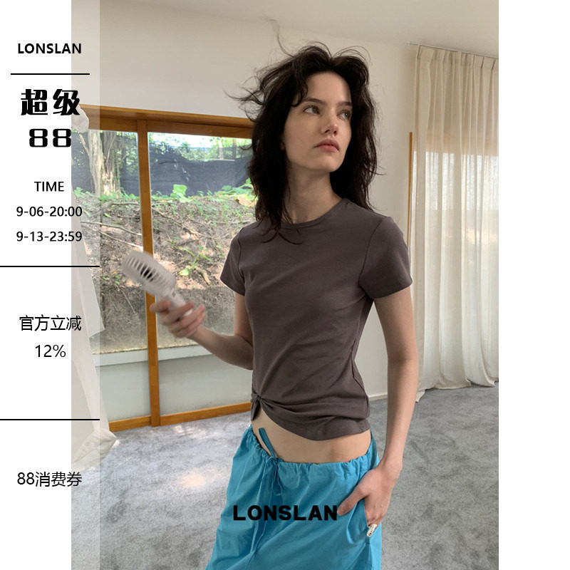 LONSLAN 2026夏季新款修身腰头收褶设计短袖T图片