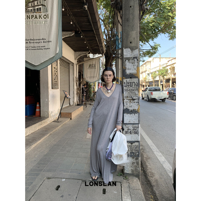 LONSLAN 2025春夏新款慵懒风宽松大V领灰色垂感休闲长款连衣裙女