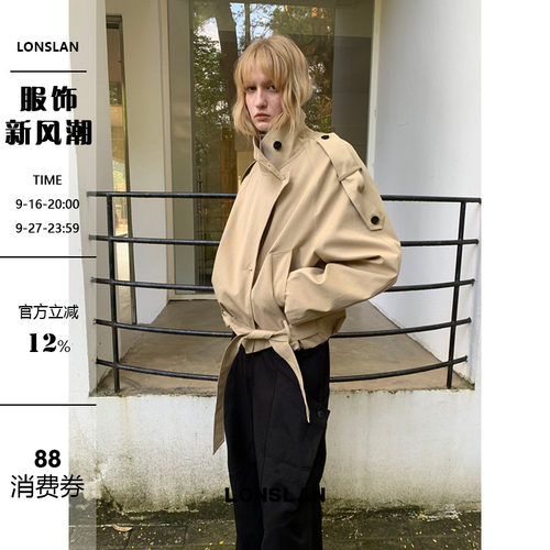 8LONSLAN 2026AW花苞下摆立领腰带短款风衣外套