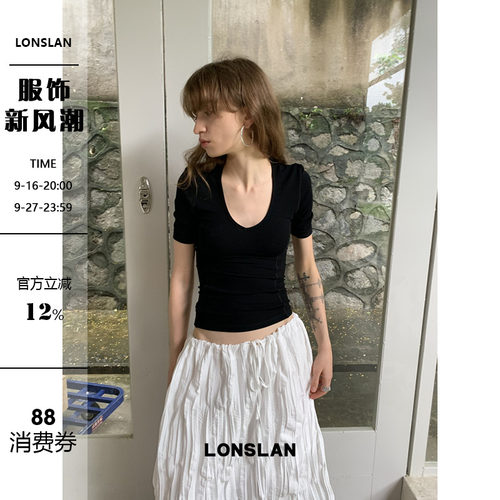 LONSLAN2026夏季新款V领腰线收腰显瘦短袖T
