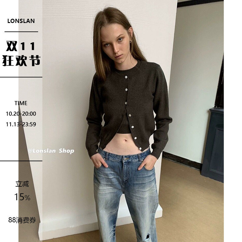 LONSLAN 2023秋季新款长袖圆领单排扣显瘦休闲毛针织开衫外套女