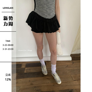 裙裤 复古黑色低腰芭蕾风荷叶边短款 巨显大长腿 LONSLAN