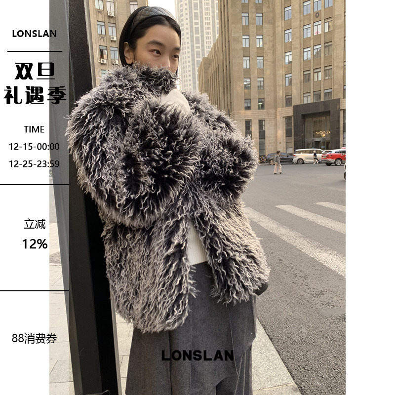 LONSLAN 25AW 12.8  00:00NEW 灰白杂色中长款毛毛外套