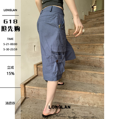 LONSLAN 2026SUMMER 夏季深蓝色口袋工装七分裤