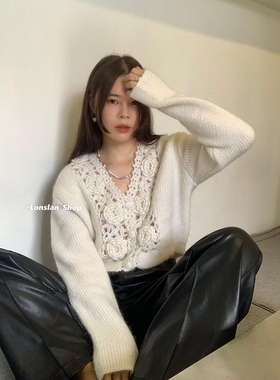Lonslan 秋款手工钩花长袖V领开衫毛衣外套女白色敲温柔风甜美
