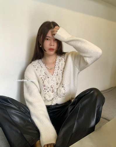 Lonslan手工钩花毛衣外套白色