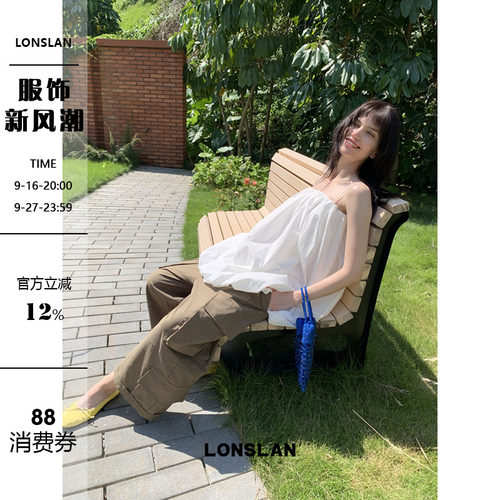 LONSLAN 2026夏季新款细肩带裹胸泡泡吊带上衣