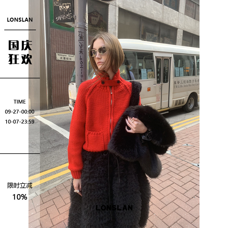 LONSLAN24WINTER 11/30 20:00NEW新年圣诞口袋立领红色毛衣