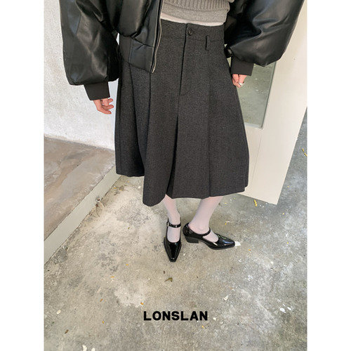 LONSLAN 2025秋季新款 高质感硬挺灰色呢子百褶西装半裙