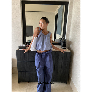 LONSLAN 26SUMMER蓝色可爱短款格子泡泡背心