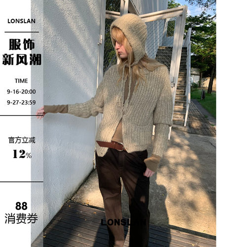 LONSLAN 2026AW粗线圆领手工羊毛毛衣开衫+绑带毛线帽