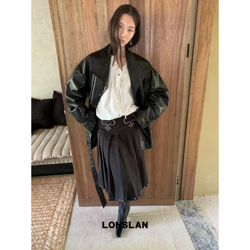 LONSLAN 2025秋季新款 大翻领腰带皮衣外套
