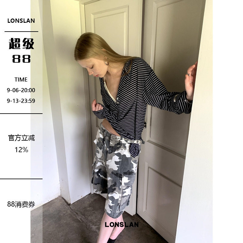 LONSLAN 2024早秋新款条纹系扣大V领慵懒风防晒休闲长袖T恤上衣女图片