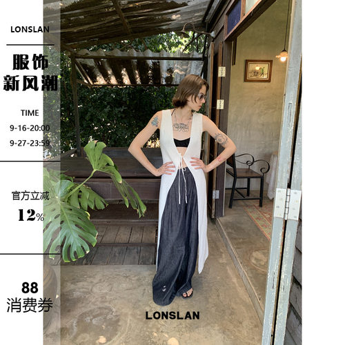 LONSLAN 2025春夏新款韩系小众设计长款系带开叉无袖背心针织开衫