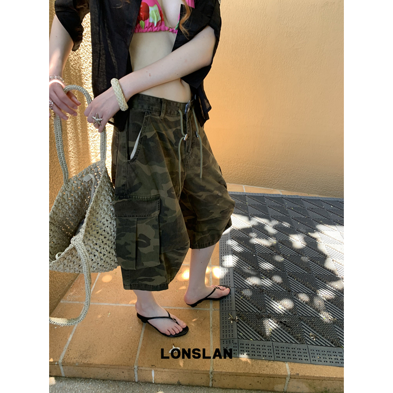 LONSLAN 25SUMMER 迷彩抽绳口袋七分工装裤