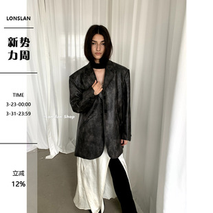 长袖 百搭复古宽松皮衣西装 外套上衣女 2023秋冬新款 LONSLAN