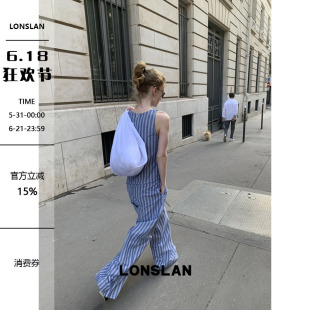 LONSLAN 2025 SUMMER 蓝色背心+阔腿裤条纹套装