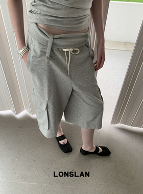 LONSLAN25SUMMER  口袋抽绳腰头翻边口袋运动七分裤