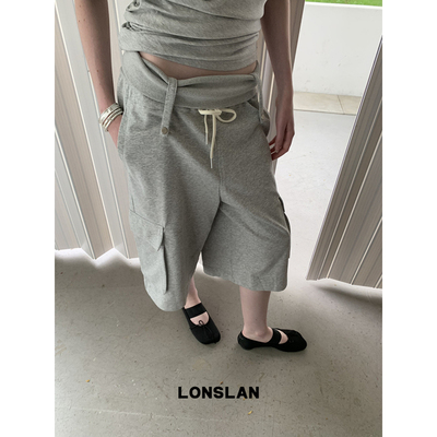 LONSLAN25SUMMER  口袋抽绳腰头翻边口袋运动七分裤