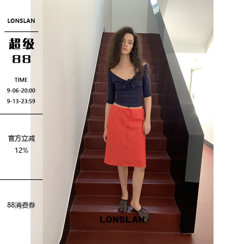 LONSLAN2026夏季新款棉麻绑带半裙图片