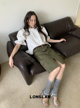 LONSLAN25SUMMER 白色褶皱花边短袖上衣