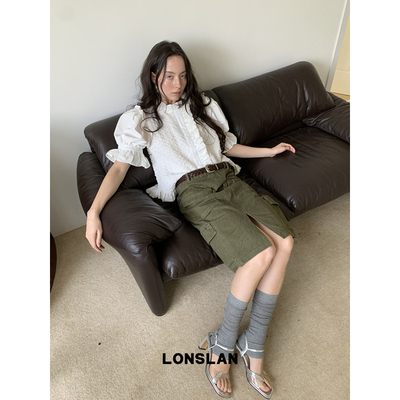 LONSLAN25SUMMER 白色褶皱花边短袖上衣