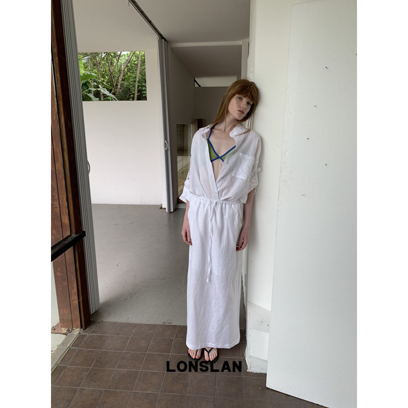 LONSLAN25SUMMER  棉麻防晒长袖衬衫+抽绳半裙套装