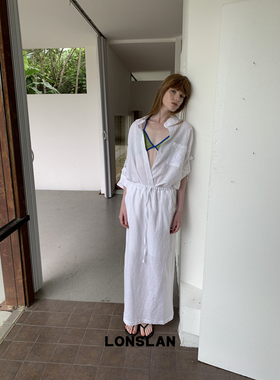 LONSLAN25SUMMER  棉麻防晒长袖衬衫+抽绳半裙套装