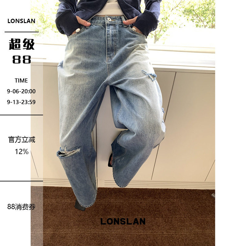 LONSLAN 2026AW 初秋做旧破洞牛仔阔腿裤图片