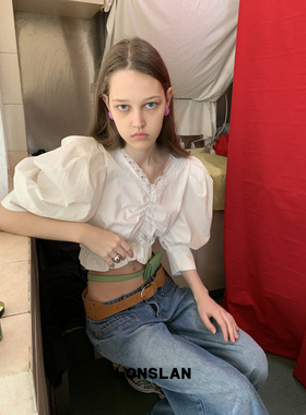 LONSLAN25SUMMER 白色简约蕾丝边泡泡袖短款娃娃上衣