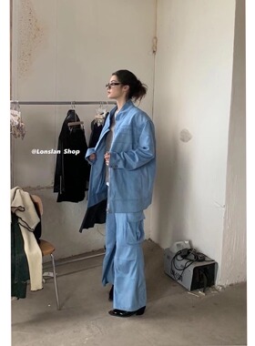 LONSLAN 出门不用烦恼蓝色麂皮外套+工装裤套装超舒适