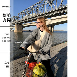 V领针织毛衣上衣开衫 百搭中长款 女 2023秋冬新款 LONSLAN