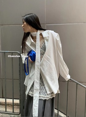 LONSLAN  SUMMER 大条纹男友力衬衫绑带带垫肩