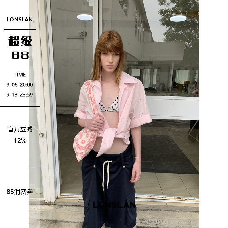 LONSLAN25SUMMER  镂空花朵短袖翻领衬衫图片