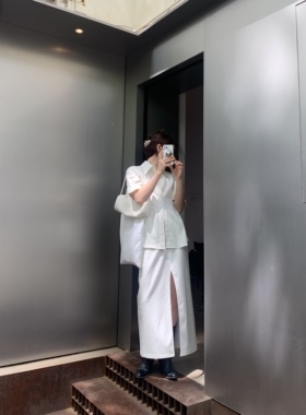 Lonslan 自制2021春夏新款纯白短袖衬衫+开衩半裙两件套装女亲肤