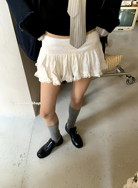 LONSLAN韩系百搭辣妹性感风皱褶白色蕾丝花边A字短裙芭蕾裙显腿长