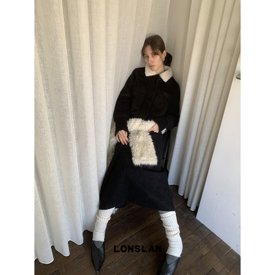 LONSLAN 24WINTER 12/9 20:00NEW羊绒口袋毛领外套+半裙套装
