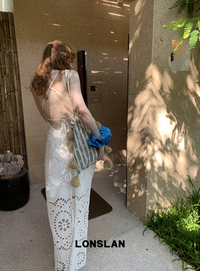 LONSLAN 25SUMMER  露背绑带镂空花朵吊带连衣裙