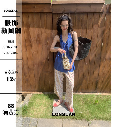 LONSLAN 2026夏季新款褶皱v领挂脖露背背心娃娃裙上衣
