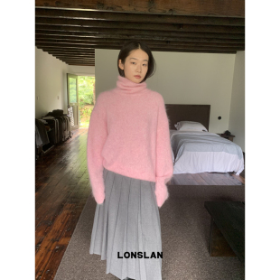 LOSLAN 2024秋冬新款慵懒风宽松水貂毛高领大件毛衣上衣女