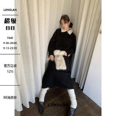 LONSLAN 24WINTER 12/9 20:00NEW羊绒口袋毛领外套+半裙套装