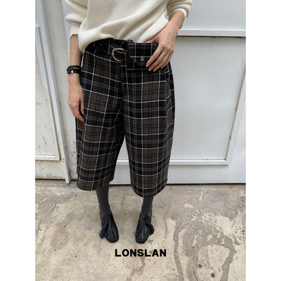 LONSLAN 2025秋季新款 英伦风设计感格纹毛呢七分裤配腰包