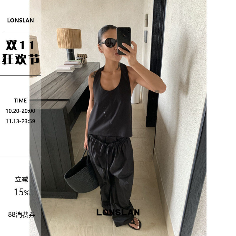 LONSLAN 2026夏季新款挂脖西装背心+抽绳设计阔腿休闲裤套装
