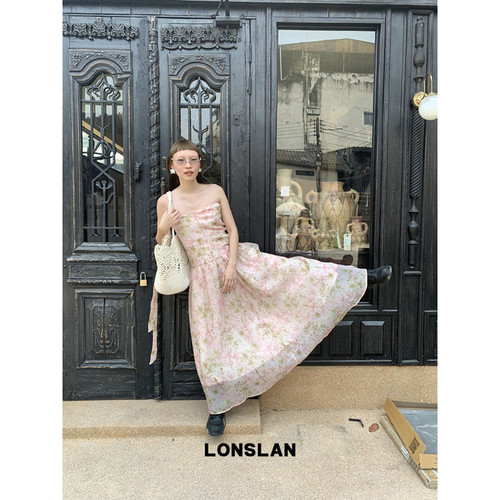 LONSLAN 2026SUMMER春夏新款 抹胸粉色碎花度假连衣长裙