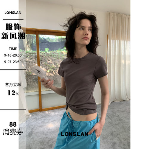 LONSLAN 2026夏季新款修身腰头收褶设计短袖T