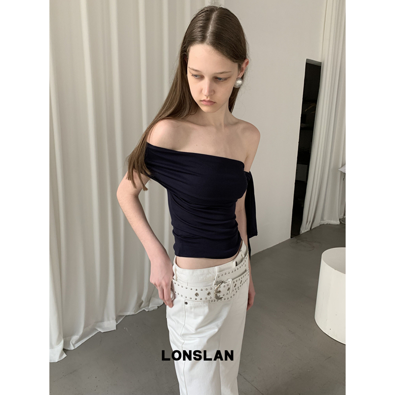 LONSLAN25SUMMER 气质流苏一字领不规则绑带修身T