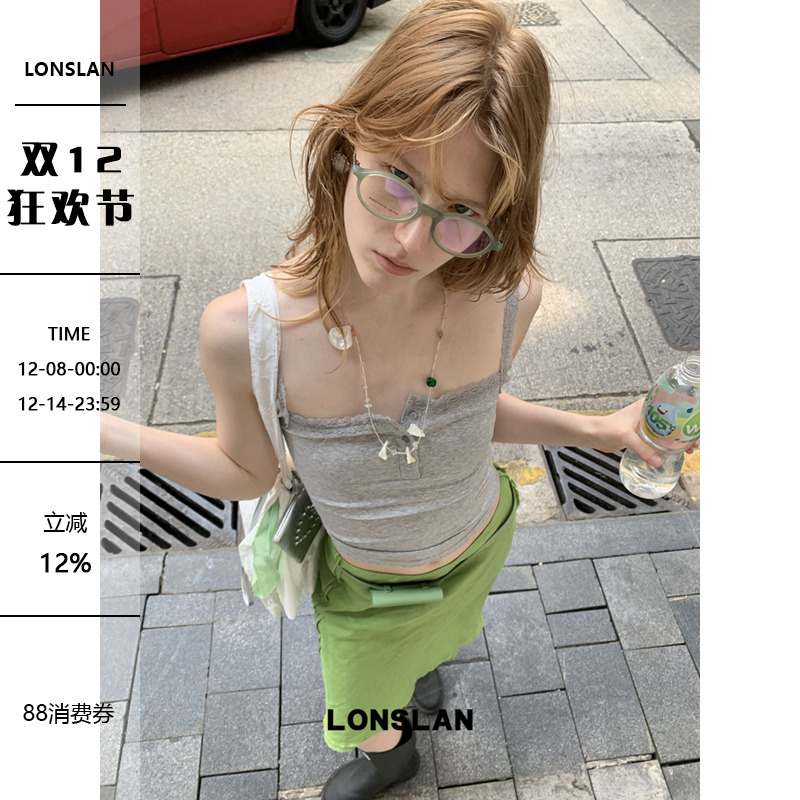 LONSLAN25SUMMER 吊带薄款纽扣蕾丝边系扣背心