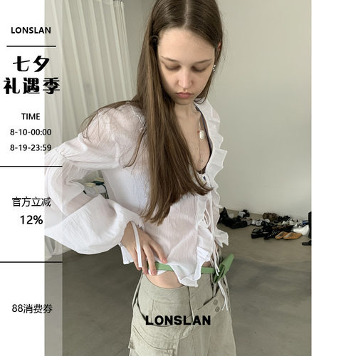 LONSLAN26SUMMER 荷叶边绑带防晒棉麻娃娃上衣