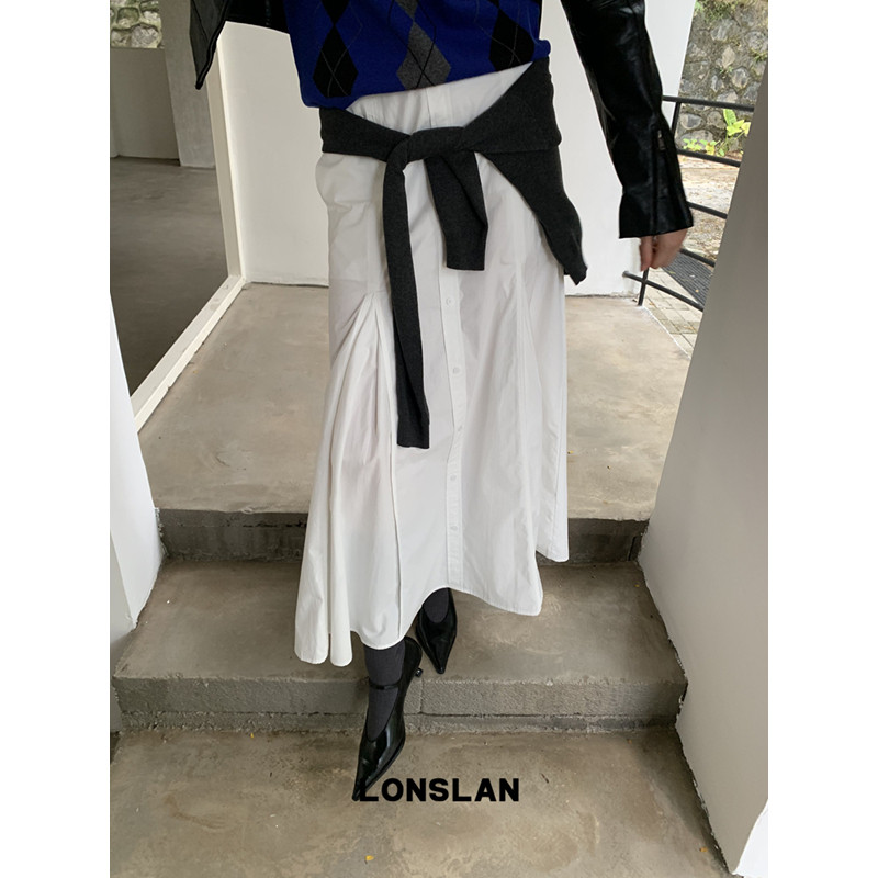 LONSLAN 2025秋季新款 设计感收腰衬衫扣设计大摆白色半裙,女装/女士精品,半身裙,淘宝优惠券,粉丝福利购,淘宝优惠卷